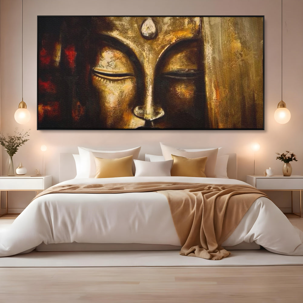 Tablou canvas cu pictura cu chipul lui buddha in nuante aurii, in rama de aluminiu negru, pe perete intr-un dormitor